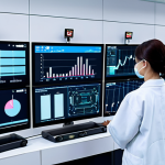 **

A futuristic, clean factory interior (smart factory). Robots are assembling electronics. Engineers in lab coats are monitoring data on large screens displaying graphs and charts. The scene emphasizes automation, data analysis, and high-tech manufacturing. Japanese characters on screens and signage. Soft, diffused lighting.  Keywords: AI, Automation, Robotics, Smart Factory, Onshoring, Japan, Data Visualization.

**
