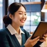 온쇼어링 비즈니스의 고객 유지 관리 전략 - **Personalized Customer Experience:**
    "A cheerful Japanese woman in her late 30s sits comfortabl...