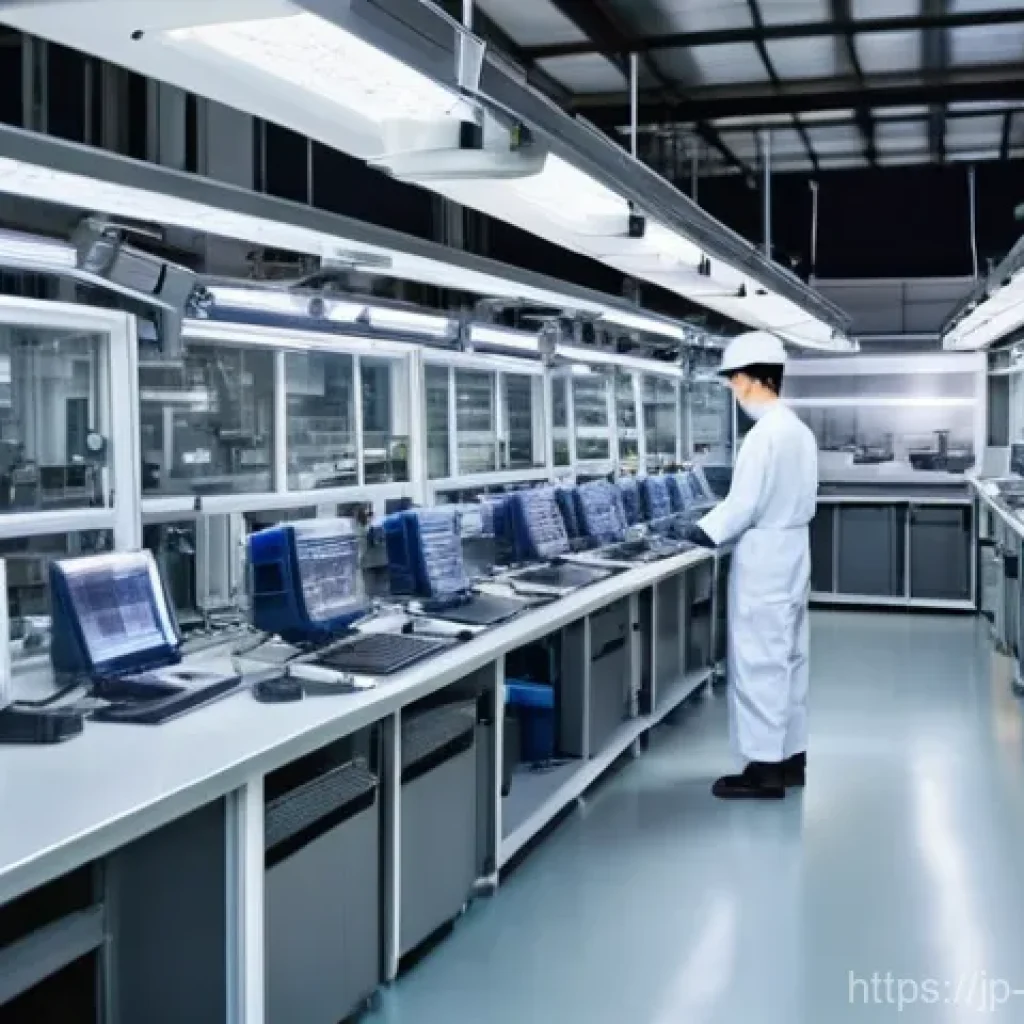 온쇼어링 비즈니스의 시장 진입 전략 - **Prompt:** A dynamic, brightly lit, and clean modern Japanese factory interior, showcasing a divers...