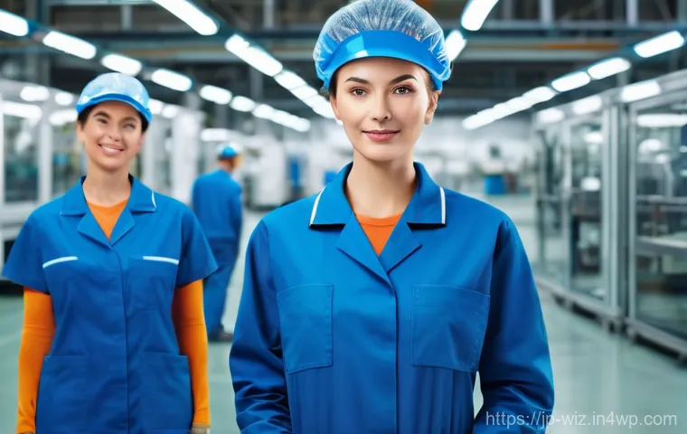 온쇼어링 비즈니스의 성과 분석 기법 - 8%', highlighting significant improvements. Workers are wearing clean, professional factory uniforms...