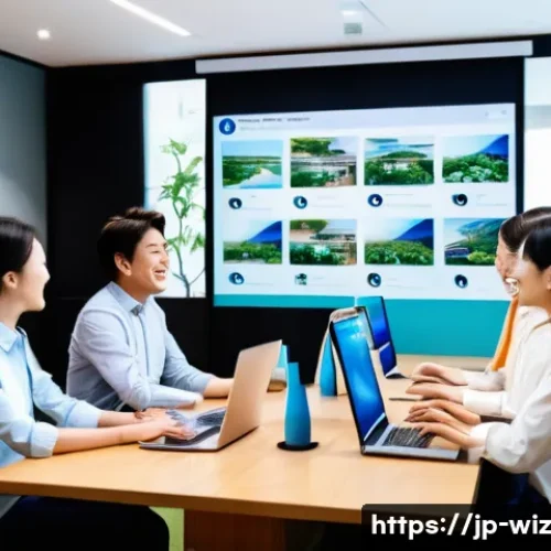 온쇼어링 비즈니스의 운영 최적화 기법 - A modern Japanese office setting featuring a diverse team of professionals engaged in a lively video...