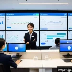 온쇼어링 비즈니스의 고객 유지 전략 - A modern Japanese customer service office scene showing a diverse team of professional onshore staff...