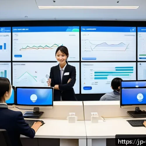 온쇼어링 비즈니스의 고객 유지 전략 - A modern Japanese customer service office scene showing a diverse team of professional onshore staff...
