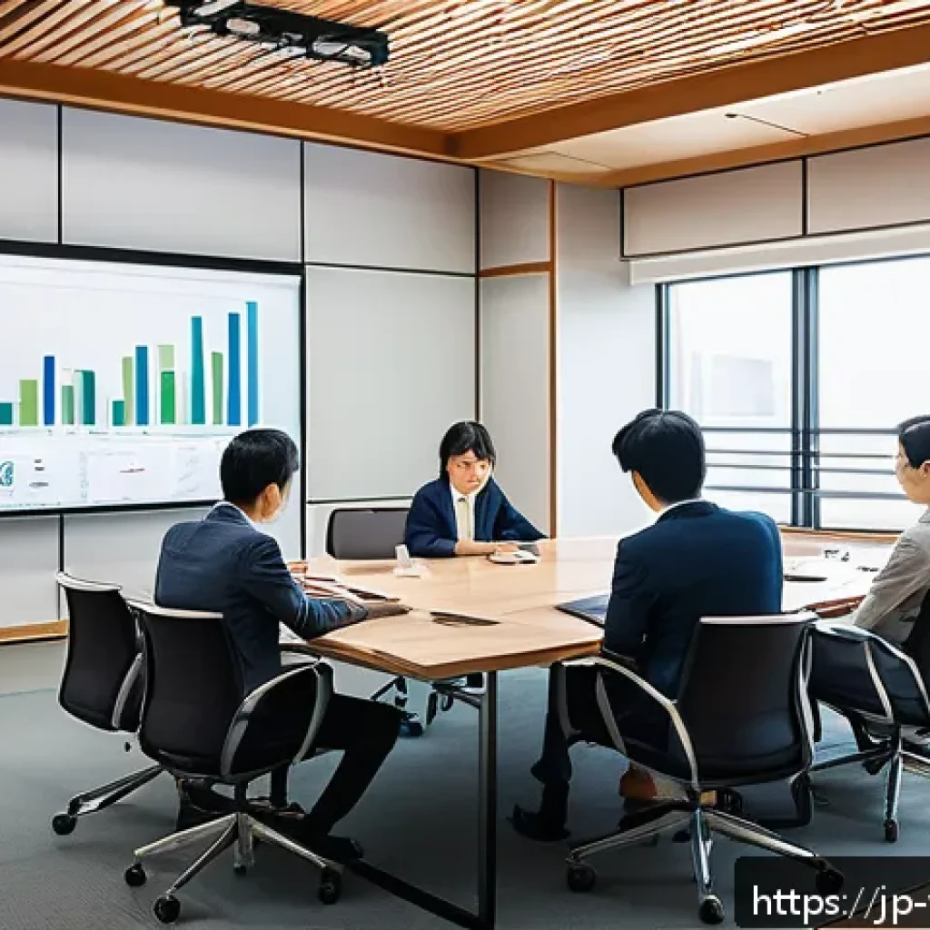온쇼어링 비즈니스의 파트너십 관리 - A modern Japanese office setting with diverse professionals collaborating closely around a large tab...